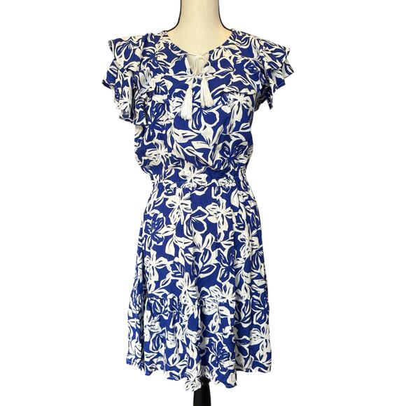 marissa olivia Dresses & Skirts - Marissa Olivia Blue/White Womens S Dress Floral Ruffle Sleeve Elastic Waist Midi